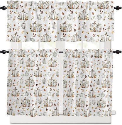 Vandarllin Fall Floral Leaves Kitchen Curtains and Valances Set, Thanksgiving Pumpkins Half/Short Curtains for Small Windows Cafe/Living Room/Bedroom 54x 36 in-, Boho Window Treatments Tiers