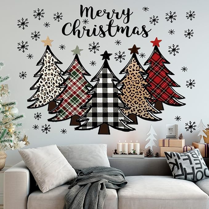 2 Pcs Large Christmas Tree Wall Decals Large Merry Christmas Watercolor Tree Wall Stickers Peel and Stick Removable Xmas Pine Tree Wall Decals for Bedroom Living Room Offices Home Decoration