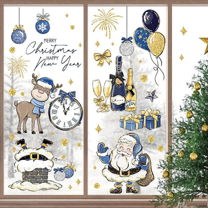 Yovkky 165 PCS Merry Christmas Happy New Year 2025 Window Clings 9 Sheets, Blue Santa Claus Elk Clock Stickers Decals Decor, Balloon Fireworks Winter Holiday Gifts Home Kitchen Decorations