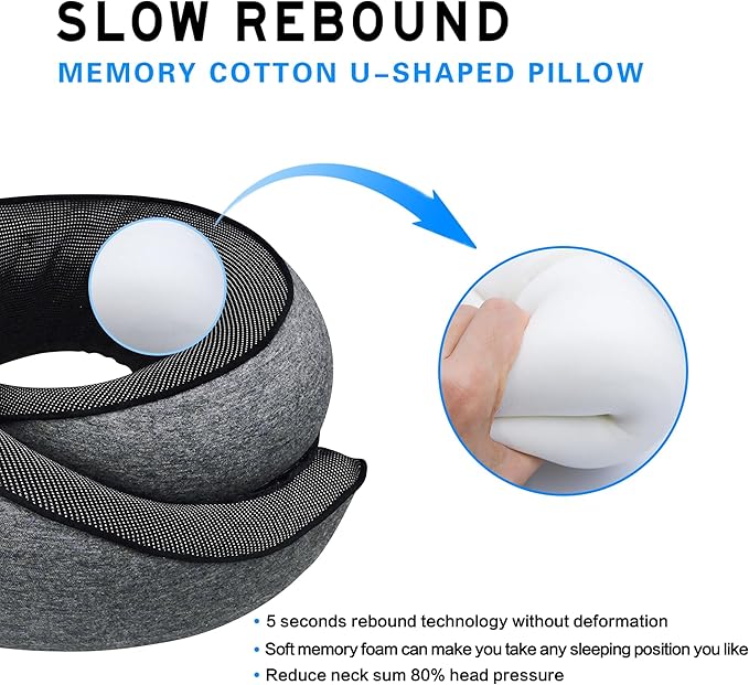 Travel Neck Pillow for Airplanes, 100% Pure Memory Foam Neck Support Pillow 360°Adjustable Full Surrounding Travel Pillow for Long Flights, Car, Train and Home Use, Dark Grey