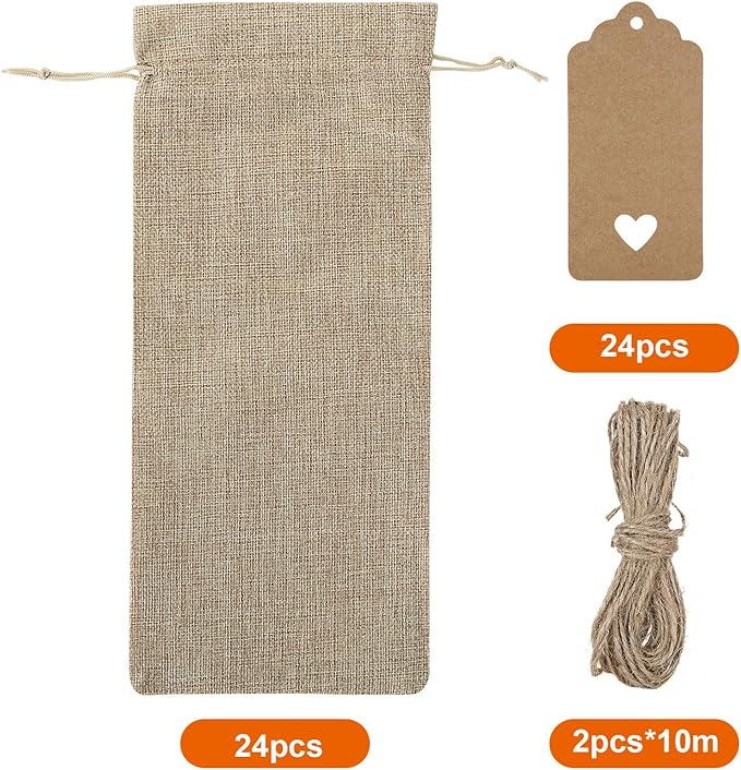 24 Pcs Burlap Wine Bags with Drawstring, Wine Gift Bags for Wine Bottles, Reusable Wine Bottle Cover with Blank Tags and Ropes for Christmas, Wedding, Birthday, Travel, Holiday, Party, Home Storage