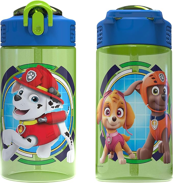 Zak Designs Paw Patrol Kids Spout Cover and Built-in Carrying Loop Made of Plastic, Leak-Proof Water Bottle Design (Rocky, Rubble & Chase, 16 oz, BPA-Free)