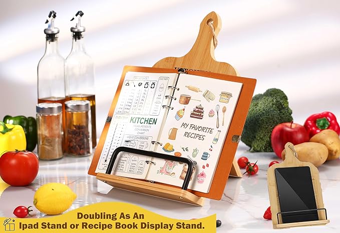 Adjustable Bamboo Cookbook Stand for Kitchen Counter-Sturdy Cook Book Holder-Recipe Book Holder-Birthday Anniversary Housewarming New Home Wedding Christmas Gift-Kitchen Measurement Conversion Chart