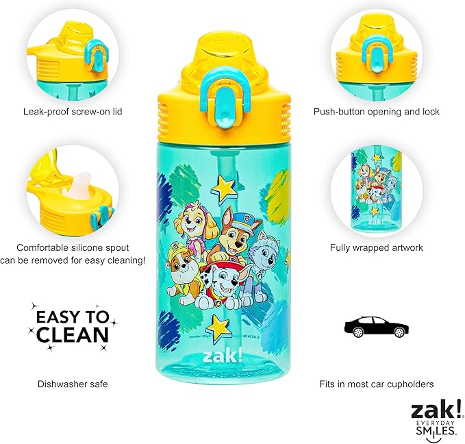 Zak Designs Sage PAW Patrol Water Bottle For School or Travel, 16oz Durable Plastic Water Bottle With Straw, Handle, and Leak-Proof, Pop-Up Spout Cover (Chase, Marshall, Skye, Rubble, Everest)