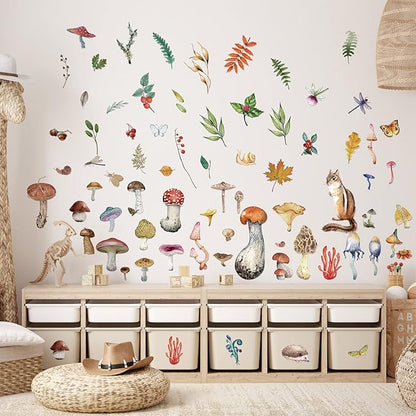 200 Pieces Watercolor Mushroom Wall Decals Woodland Mushroom Decals for Walls Aesthetic Mushroom Stickers Colorful Mushroom Kitchen Decor Fall Leaf Wall Stickers for Baby Kids Girls Bedroom Nursery