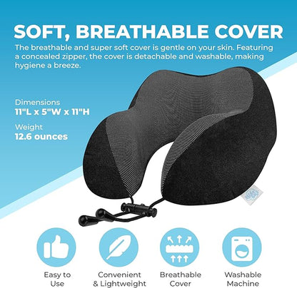 Lux & Sky Cooling Memory Foam Travel Neck Pillow Set for Airplane Car, Home, Office | Travel Essential Neck Pillow with Sleeping Mask & Earplugs | 3 in 1 U Shape Memory Foam Travel Pillow (Black)