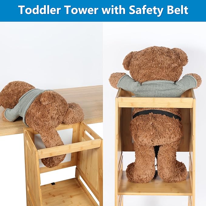 Toddler Tower with Safety Belt, Bamboo Learning Tower, Adjustable Height Toddler Step Stool Kitchen Helper for Kitchen&Bathroom Counter