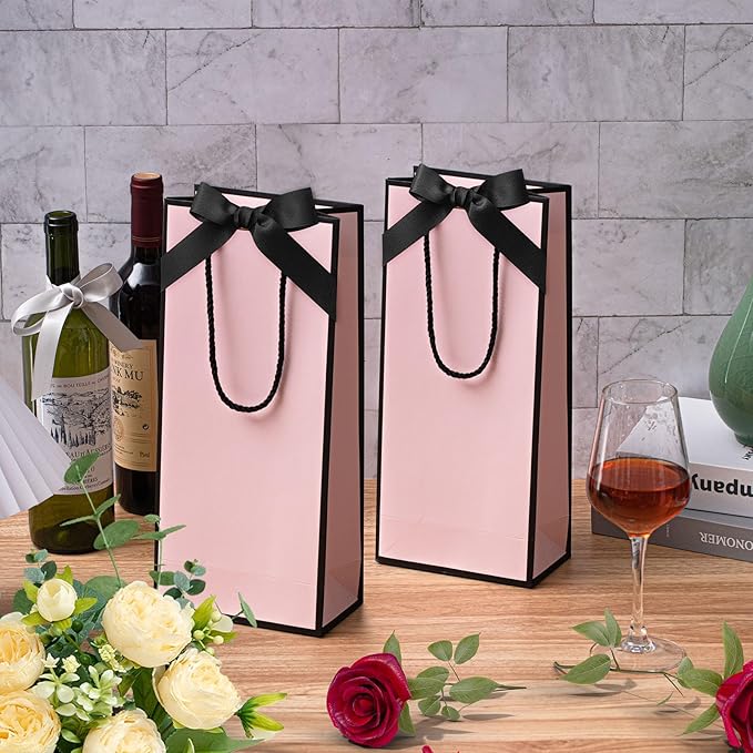 12 Pcs Wine Gift Bag with Ribbon Bow Reusable Liquor Bag with Foil Print Wine Bag Elegant Thank You Wine Gift Bag for Christmas Valentine's Day Wedding Shower Birthday Holiday (Pink Black)