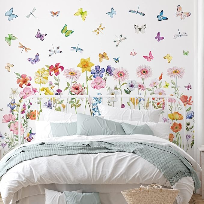 Zonon Flowers Wall Decals Vinyl Dragonflies Flowers Wall Stickers Removable Floral Wall Murals Peel and Stick Colorful Flower Wall Decor for Bedroom Living Room Nursery(Modern)