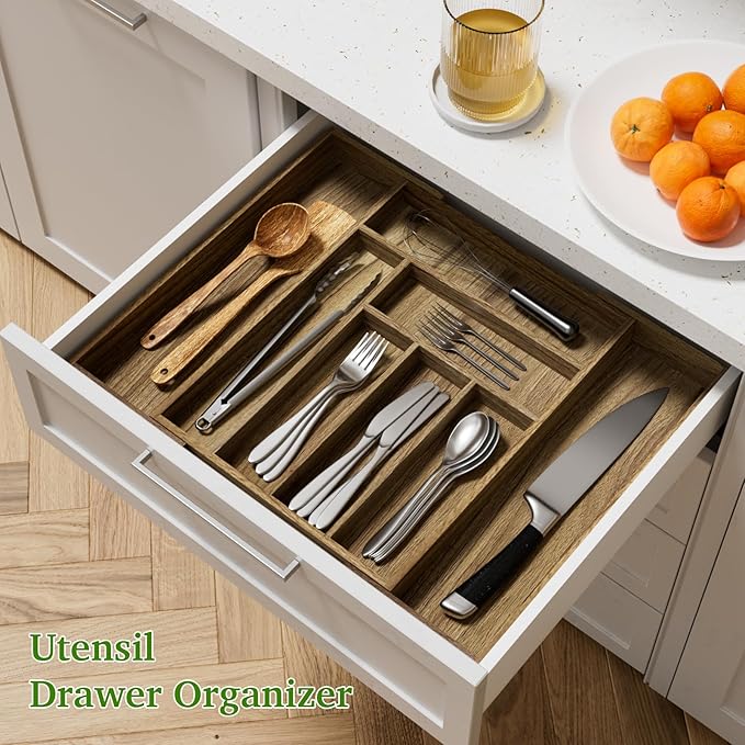 Acacia Wood Kitchen Silverware Drawer Organizer, Expandable Utensil Cutlery Drawer Organizer with Dividers, Flatware Organizer Silverware Tray for Spoon, Fork, 13''-21''x16.9'' (6-8 Slots)