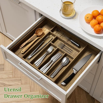 Acacia Wood Kitchen Silverware Drawer Organizer, Expandable Utensil Cutlery Drawer Organizer with Dividers, Flatware Organizer Silverware Tray for Spoon, Fork, 13''-21''x16.9'' (6-8 Slots)