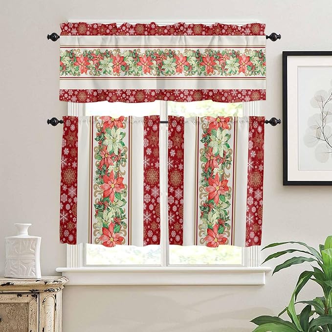 Watercolor Poinsettia Christmas Kitchen Curtains and Valances Set, Red Xmas Winter Holiday Windows Treatments Tiers Half/Short Curtains for Small Windows Cafe /Living Room/ Bedroom 54x24 in Gold White