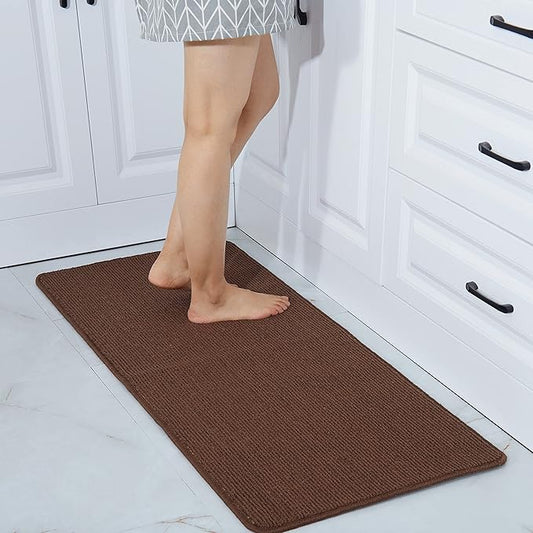 COSY HOMEER 20X48 Inch Kitchen Rug Mats Made of 100% Polypropylene Strip TPR Backing Soft Kitchen Mat Specialized in Anti Slippery and Machine Washable,for Kitchen, Floor,Brown