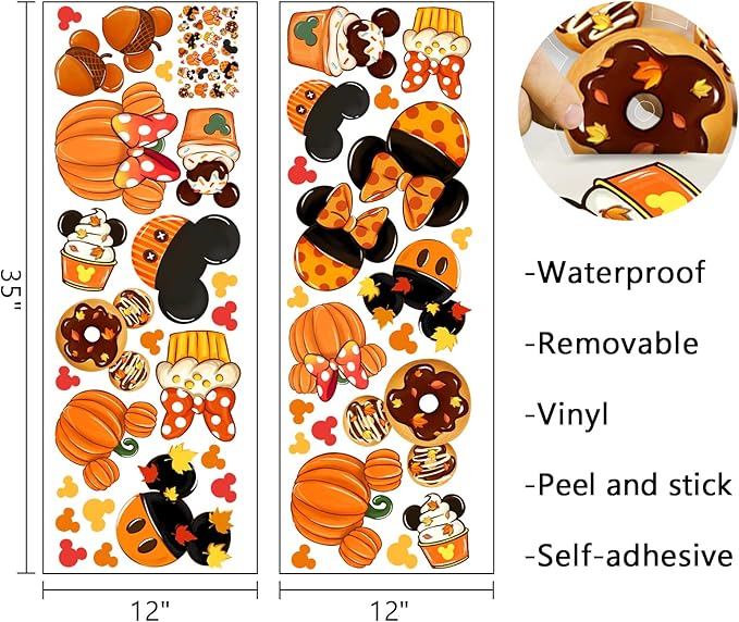 Mfault Fall Cartoon Mouse Wall Decals Stickers, Autumn Pumpkin Doughnut Cupcake Decorations Bedroom Art, Thanksgiving Acorn Maple Leaves Seasonal Home Kitchen Decor