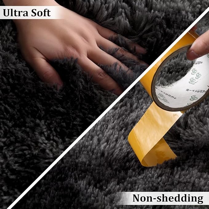 Modern Fluffy Area Rug 9x12 Ultra Soft Faux Fur Rug Plush Shaggy Floor Carpet for Bedroom Living Room Non Skid Non Shedding Floorcover Mat for Kids Playroom Nursery Home Decor,Tie Dye Black Grey