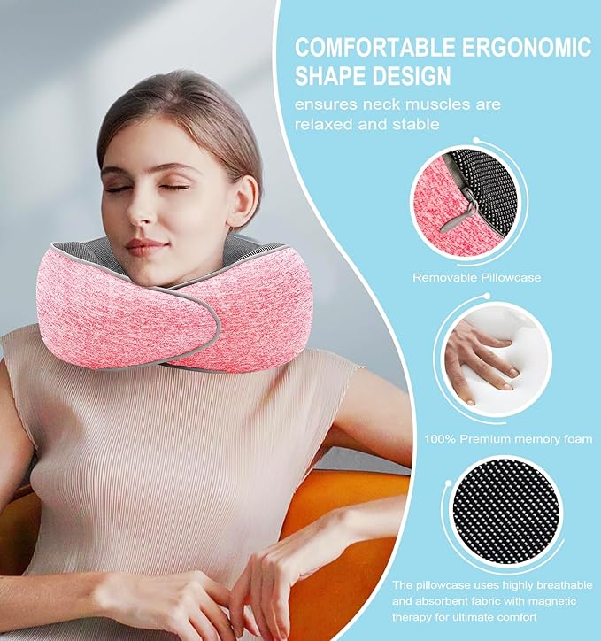 Travel Neck Pillow, Memory Foam Airplane Neck Pillow with 360 Degree Comfort and Breathability, Travel Essentials for Airplanes, Home and Car (Pink)