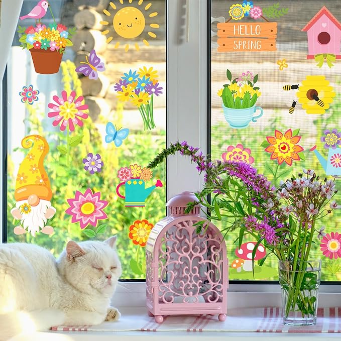 8 Sheets Floral Cartoon Window Clings Spring Flower Static Window Stickers Refrigerator Glass Stickers Party Decorations Add Joy to The Season and Home Decoration