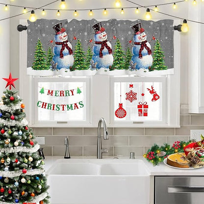 Winter Holidays Snowman Valance Kitchen Curtains for Window, Christmas Tree Cardinal Rod Pocket Valances Window Treatments White Snowflake Curtains for Bedroom/Living Room,54" X 18" -1 Panel, Gray