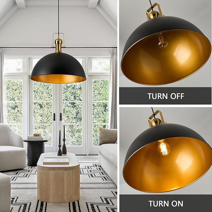 18 Inch Black Farmhouse Pendant Lights Large Pendant Lights for Kitchen Island Industrial Adjustable Height Vintage Big Dome Hanging Light Fixtures for Barn, Dining Room