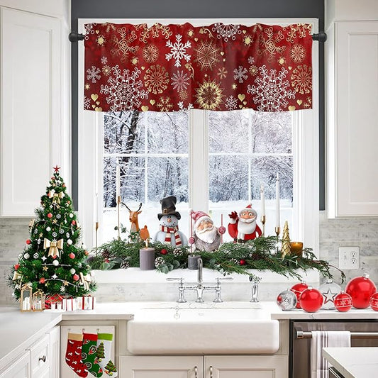 Vandarllin Christmas Valance Kitchen Curtains for Windows, Snowflake Pattern Rod Pocket Valances Window Treatments Gold White Short Curtains for Bedroom/Living Room, 54" X 18" -1 Panel