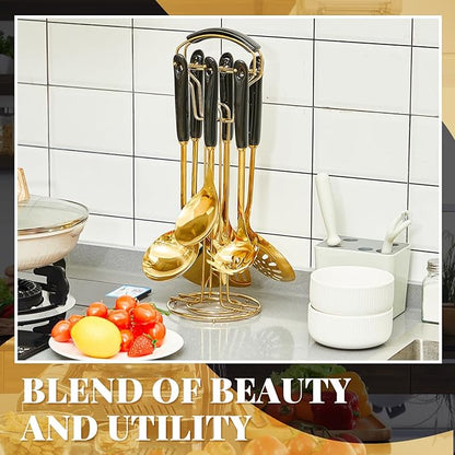 Black and Gold Cooking Utensils Set 7 Pcs Stainless Steel Kitchenware Includes Hanging Shelf Include Slotted Spoon, Slotted Spatula, Large Spoon, Soup Ladle, Spatula, Pasta Spoon