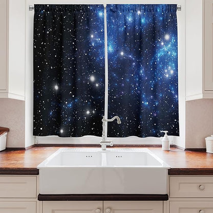 Ambesonne Constellation Long Kitchen Curtains, Outer Space Star Nebula Astral Cluster Astronomy Theme Galaxy Mystery, Two Panels Drapes with Rod Pocket Room Decor, 55" x 45", Black Blue