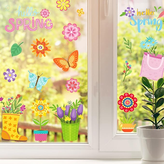 8 Sheets Floral Cartoon Window Clings Spring Flower Static Window Stickers Refrigerator Glass Stickers Party Decorations Add Joy to The Season and Home Decoration