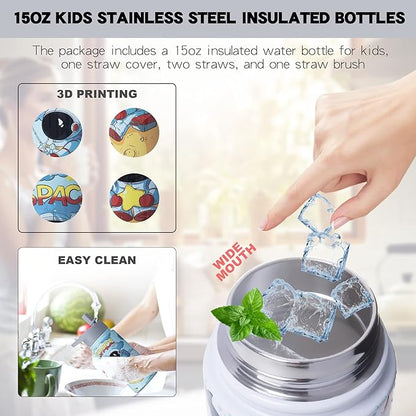 15oz Astronaut Insulated Stainless Steel Water Bottle, BPA-Free Metal Sport Flask for Boys, Keep Cold and Hot With Straw & Brush, Christmas Birthday Gifts for School - Hand Wash Only