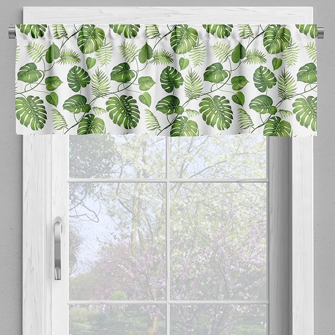 Ambesonne Leaf Valance & Tier Curtain 3 pcs Set, Brazilian Rainforest Foliage Nature Ivy Swirls Palm Banana Trees Leaves Art Print, Window Treatments for Kitchen Room Decor, 55" x 24", Fern Green