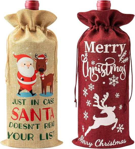 2 Pcs Burlap Wine Bags Christmas Wine Gift Bags Wedding Gifts Wine Bagwith Drawstring Mr and Mrs Wedding Gifts for Couple Wedding (Merry Christmas)