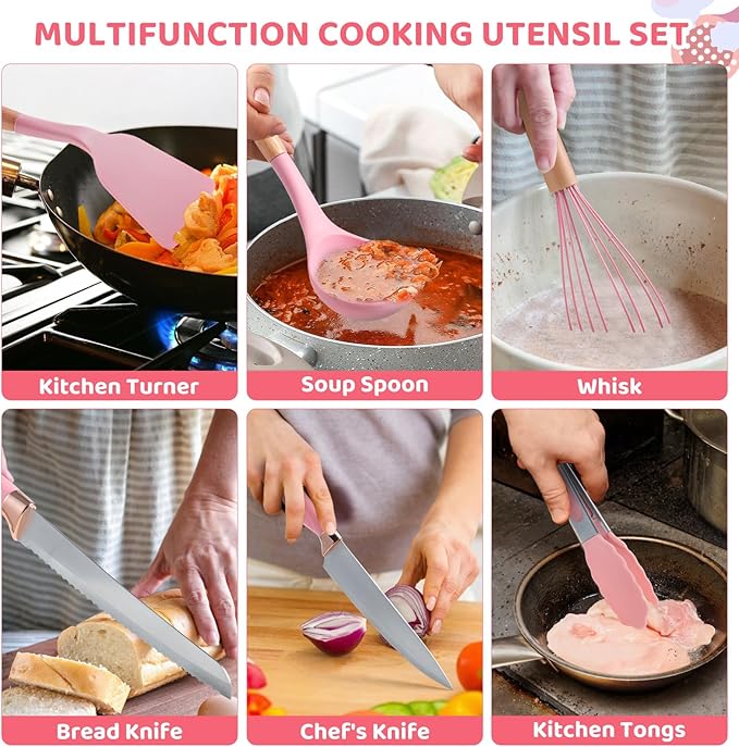 37 PCS Kitchen Utensils Set, Silicone Cooking Utensils Set with Kitchen Knife Set and Holder, Wooden Handle Kitchen Tool Set - Kitchenware Set (Pink)