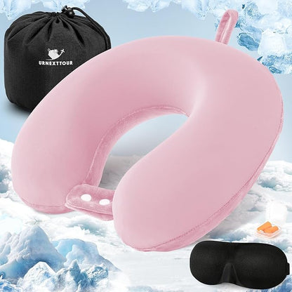 Cooling Travel Pillow, Neck Pillow Airplane Memory Foam Double-Side with Sleep Mask Earplugs, Soft & Support Airplane Pillow for Travelling Plane Car Train Home Use, Pink