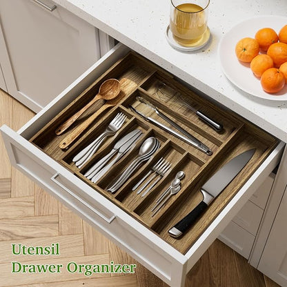 Acacia Wood Kitchen Silverware Drawer Organizer, Expandable Utensil Cutlery Drawer Organizer with Dividers, Flatware Organizer Silverware Tray for Spoon, Fork, 13''-20''x16.9'' (7-9 Slots)