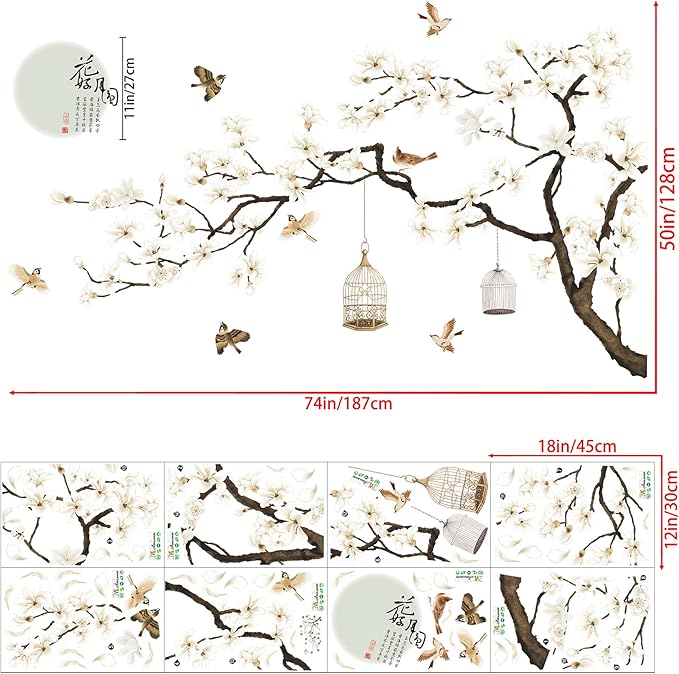 Chinese Style White Flowers Black Tree and Flying Birds Wall Stickers Removable DIY Wall Art Decor Decals Murals for Offices Home Walls Bedroom Study Room Wall Decaoration, 50inchx74inch