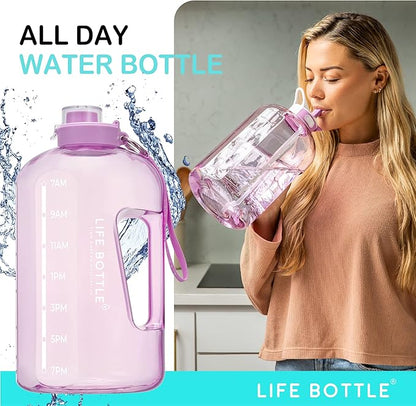 1 Gallon Water Bottle with Straw Lid and Chug Lid, Leakproof Water Jug. Big Water Bottle with Time Marker, No Quotes. 128 oz Water Bottle with Handle and Straw, BPA Free Water Bottles