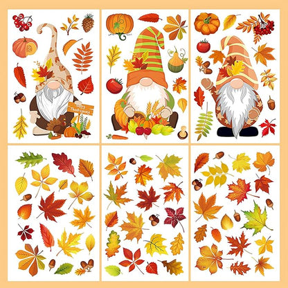 6 Sheets Fall Window clings for Home Windows Maple Leaf Window Stickers Thanksgiving Gnomes Window Decoration Autumn Window Decals for Home Office Classroom Party(Style A)