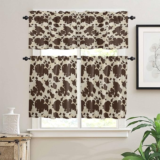 Vandarllin Kitchen Curtains and Valances Set,Brown Cowhide Cow Print Window Treatments Tiers Graffie Semi Sheer Half/Short Curtains for Small Windows Cafe/Living Room/Bedroom 54x24 in, 3-Piece