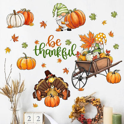 Mfault Thanksgiving Gnome Turkey Wall Decals Stickers, Be Thankful Fall Pumpkins Maple Leaves Decorations Bedroom Art, Autumn Harvest Season Farmhouse Home Kitchen Decor