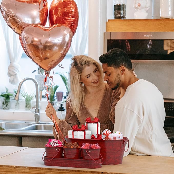 Oval Ice Bucket with 3 Serve Buckets Set - Condiments, Nuts, Ice Cream, Snacks, Candy Serving Bowls, Galvanized Metal Drink Cooler Beverage Tub, Chill Wine & Beer, 2.4 for Home Parties Gallons, Red