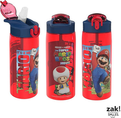 Zak Designs The Super Mario Bros. Movie Water Bottle For School or Travel, 25 oz Durable Plastic Water Bottle With Straw, Handle, and Leak-Proof, Pop-Up Spout Cover (Mario, Toad)