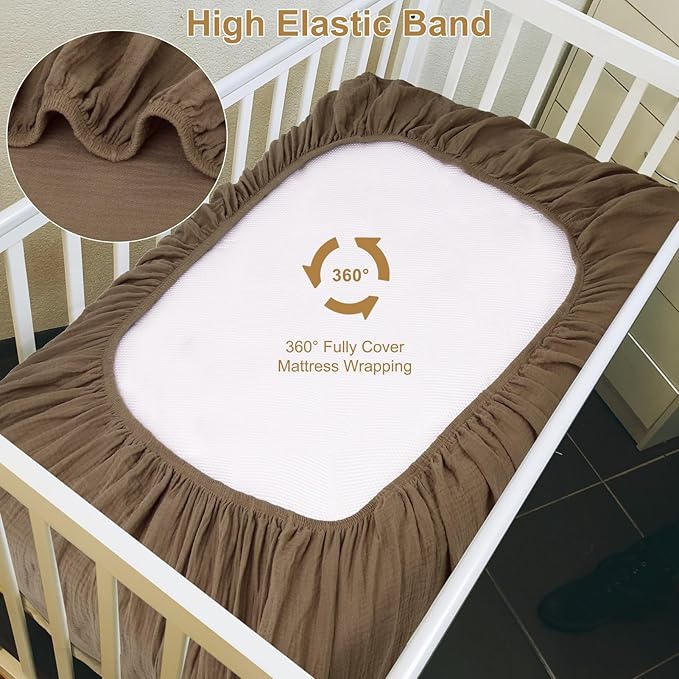 2 Pack Muslin Crib Sheets for Baby Girls & Boys-Neutral Breathable Crib Mattress Protector for Standard Crib Mattress(28"x 52")-Soft Crib Sheets Fitted-No Slip Cotton Bedding-Taupe Brown & Light Beige