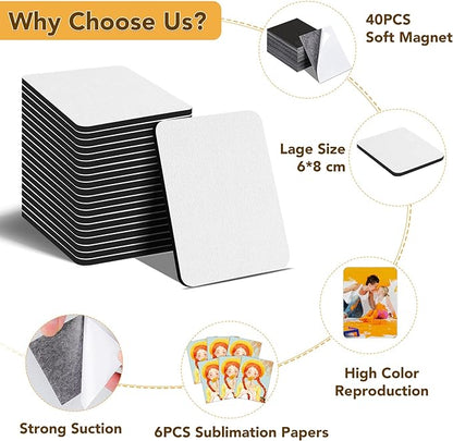 80Pcs Sublimation Magnet Blanks Set,Personalized Sublimation Refrigerator Magnet for Home Kitchen Microwave Oven Decor or Office Calendar with 40PCS Blank Rubber Pad(6x8cm),40PCS DIY Soft Magnetic