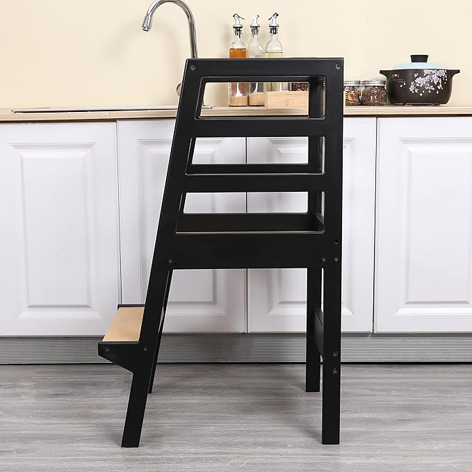 Toddler Kitchen Step Stool White Helper Standing Tower with Anti-Slip Protection for Kids Kitchen Counter Learning (Large, Black)