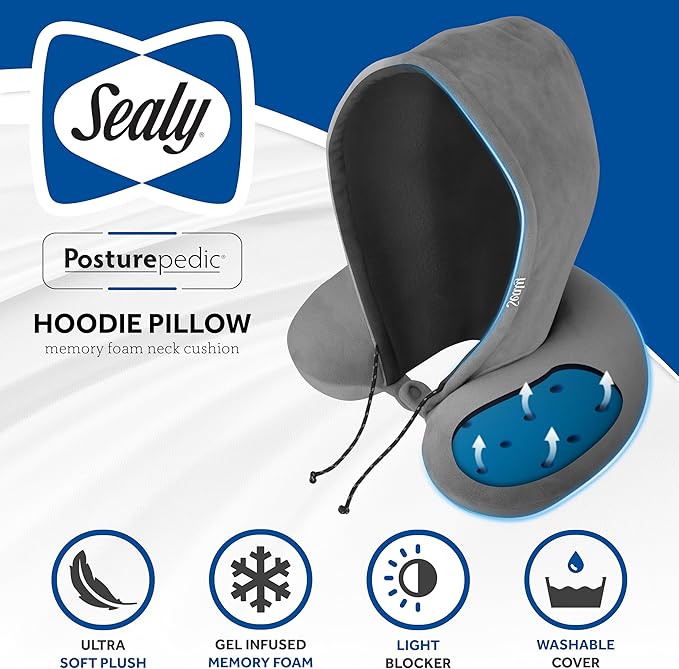 Sealy, Infused-Gel Hooded Travel Pillow with Airflow Memory Foam, Tailored Just for You with Contoured Support, The Ultimate Rest for Flights, Rides, and Your Home, Blocks Cold Drafts, Gray