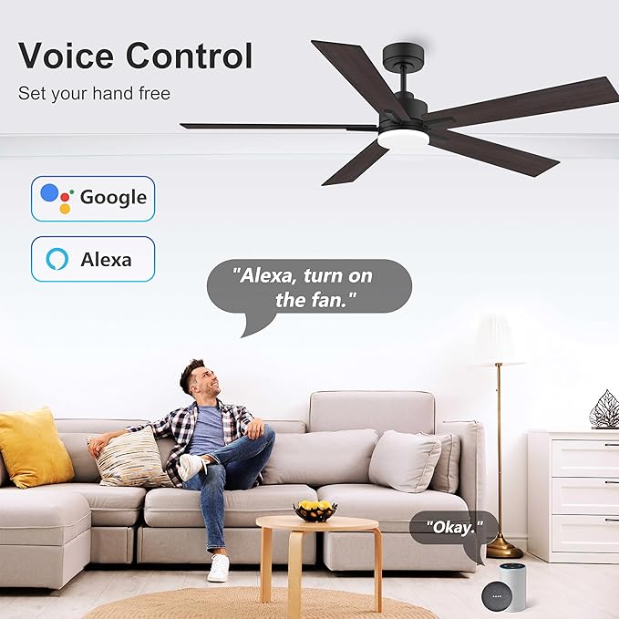 60” Smart Ceiling Fan with Lights Remote,Control via Alexa Google App Wifi,Silent DC Motor,Dimmable,Outdoor Indoor Modern Ceiling Fans for Large Bedroom Living Room Kitchen Patio,Black Walnut Brown