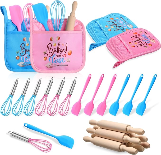 24 Pcs Kids Baking Supplies for Real Cooking Games Prize Party Favors, with Kitchen Utensil, Pot Holders, Spatula, Rolling Pin, Whisk for Kids Gifts, Baking Cooking Party (Medium)