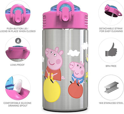 Zak Designs Peppa Pig 15.5oz Stainless Steel Kids Water Bottle with Flip-up Straw Spout - BPA Free Durable Design, Peppa Pig SS, Single Wall