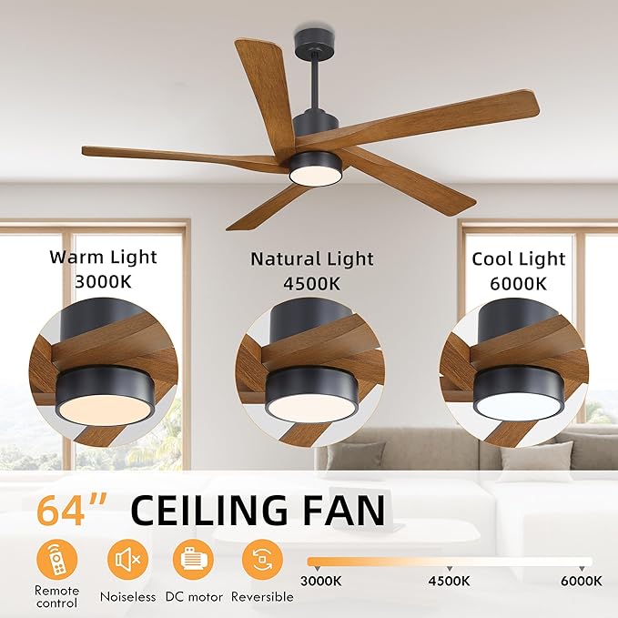 WINGBO 64" ABS DC Ceiling Fan with Lights, 5 Blade ABS Plastic Ceiling Fan with Remote, 6-Speed Reversible DC Motor, LED Ceiling Fan for Kitchen Bedroom Living Room, Black and Walnut