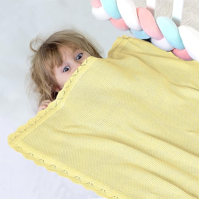 100% Cotton Baby Blanket Knit Soft Warm Lace Toddler Newborn Nursery Blanket, 30 x 40 Inches, Lemon Yellow