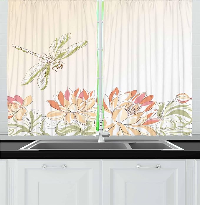 Ambesonne Dragonfly Kitchen Curtains, Lotus Flower Field Winged Bug Flying Oriental Blooms Print, Window Drapes 2 Panel Set for Kitchen Cafe Decor, 55" x 30", Cream Peach